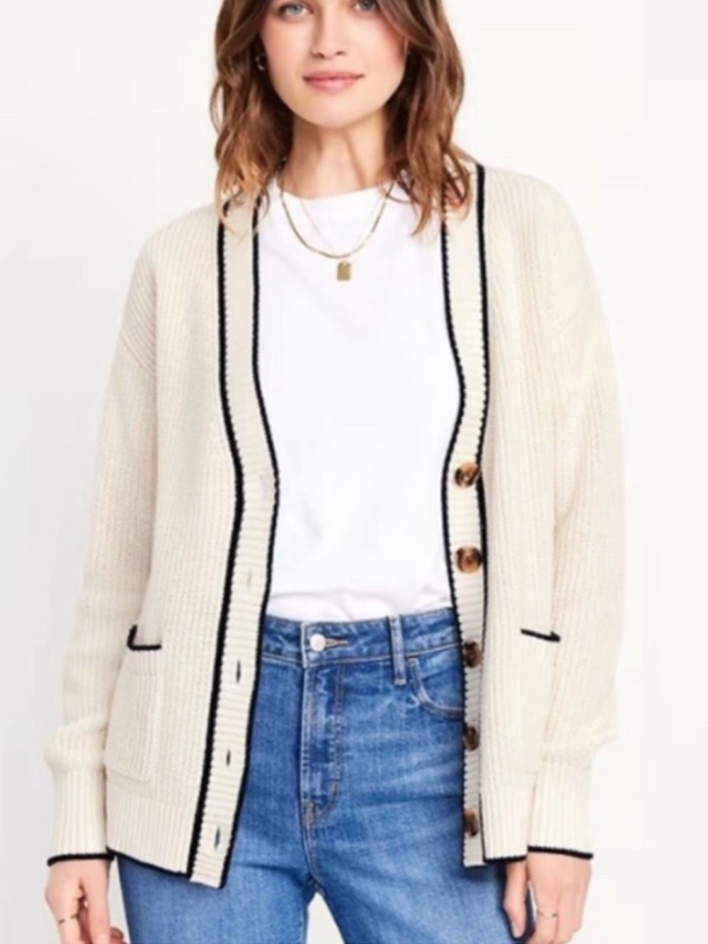 NWOT Old Navy Cream and Navy V-Neck 100% Cotton Varsity Style Cardigan Size S